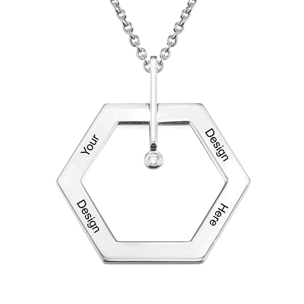 Collier Hexagonal avec diamant X0014 en argent sterling 925 / cuivre gravure personnalisé avec prénom